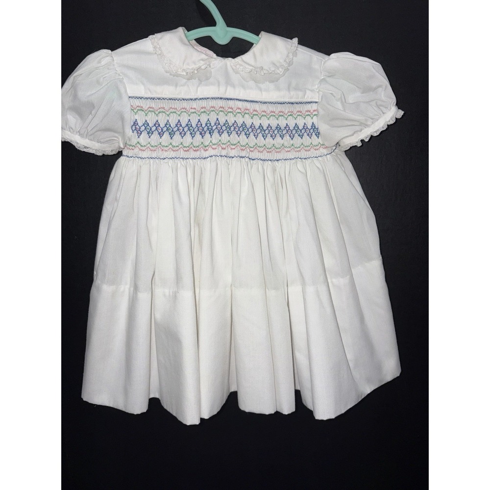 Vintage Hand Smocked Baby Girl Dress White Heirloom Puff Sleeve Smocked By Hand